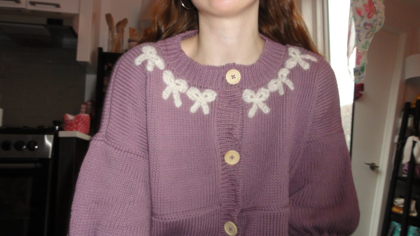 Mohair Bow Trim Cardigan Mauve