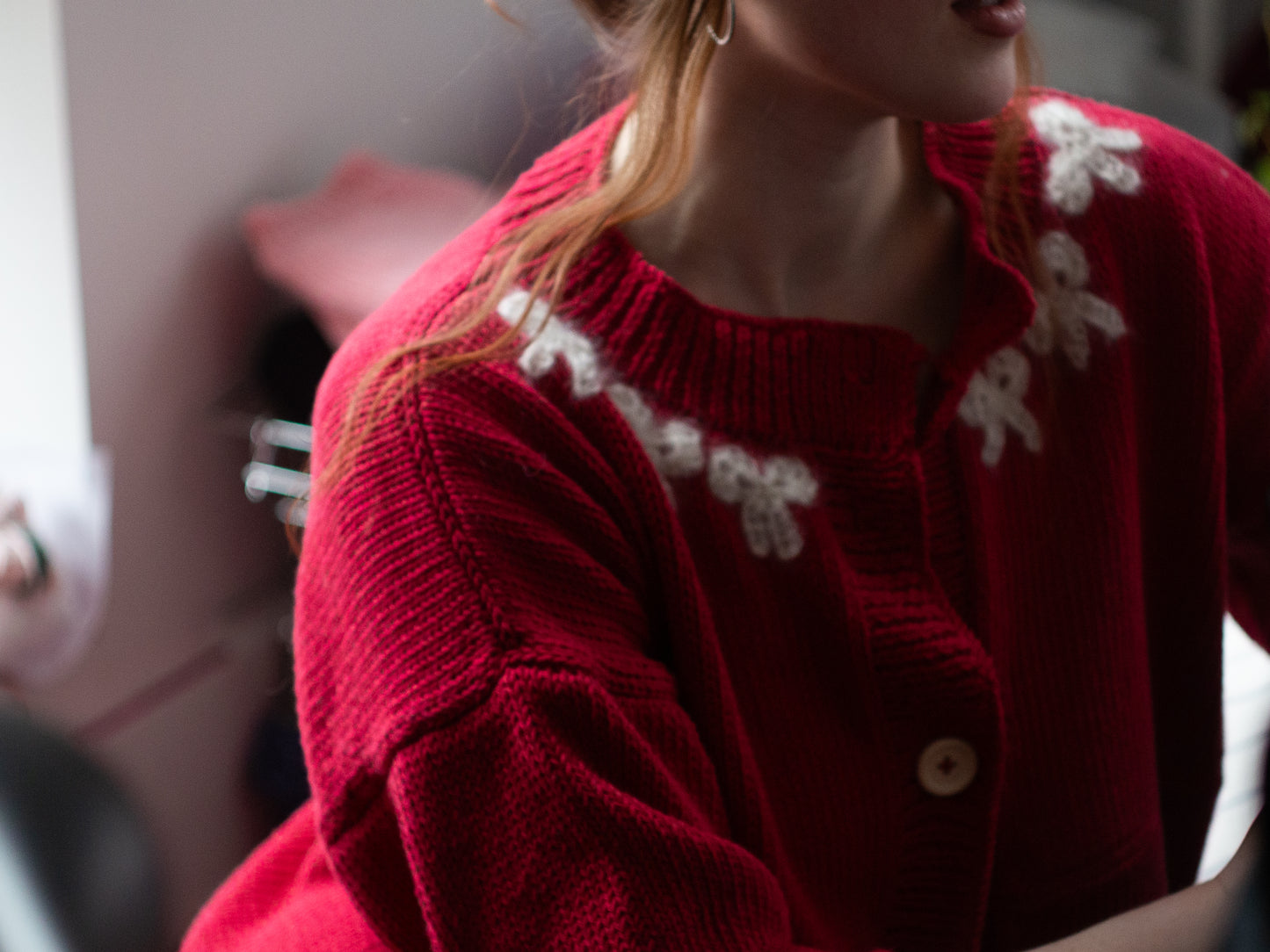 Mohair Bow Trim Cardigan Red