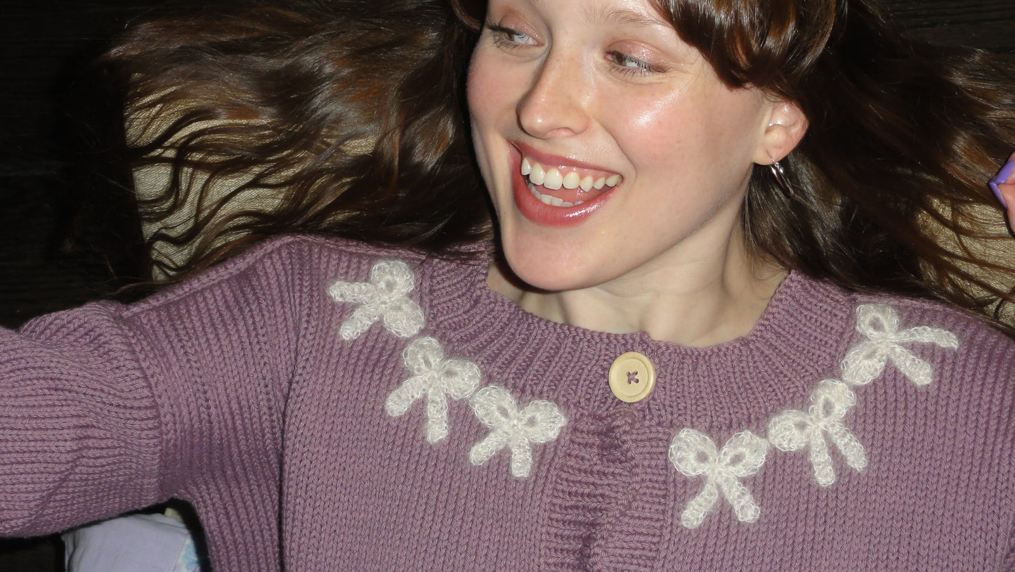 Mohair Bow Trim Cardigan Mauve