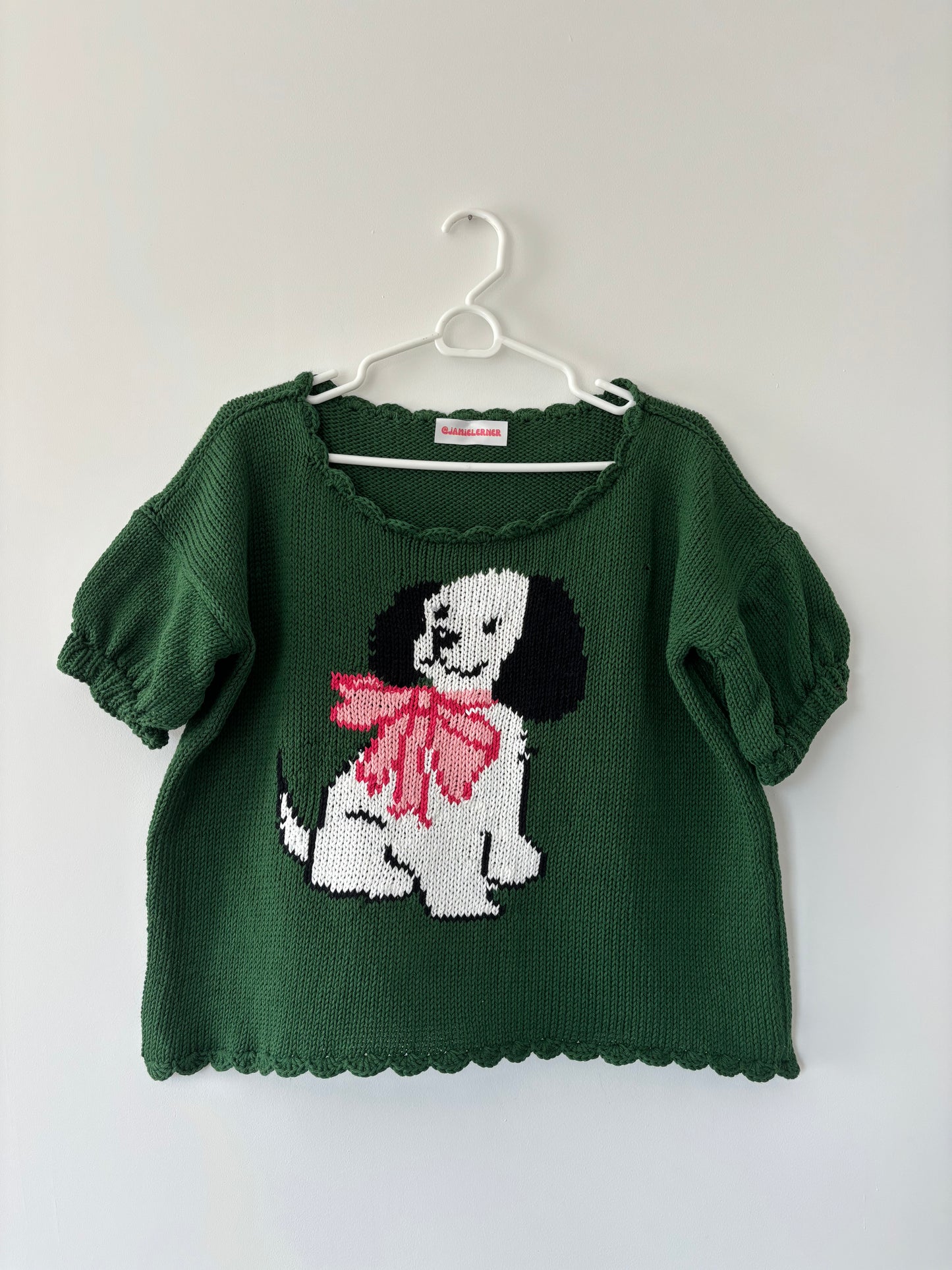 Hunter Green Puppy Short Sleeve Sweater