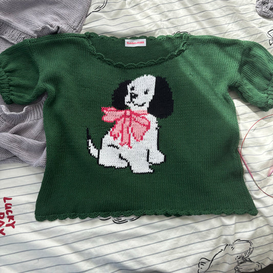 Hunter Green Puppy Short Sleeve Sweater