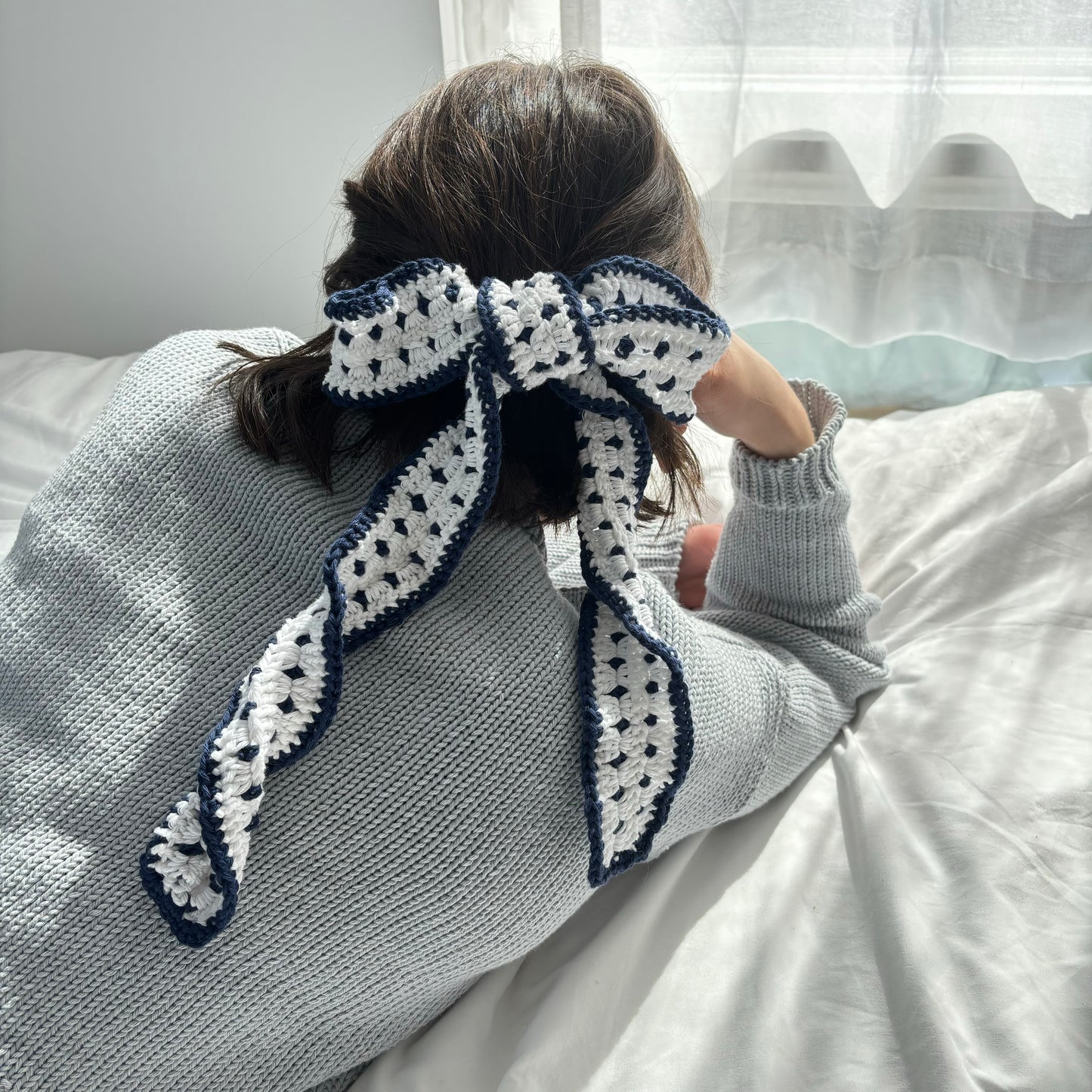 White Wide Crochet Bow