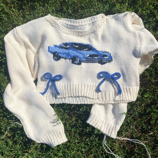 Blue Crop Bow Car Sweater